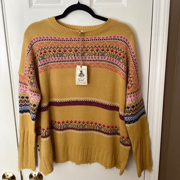 NWT Easel Yellow Fair Isle Knit Sweater | Boho Distressed Hem | Size S - Picture 1 of 9